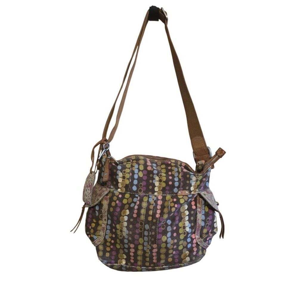 Vintage Fossil Multicolor Dot Canvas Crossbody Bag With Key & Pockets distressed